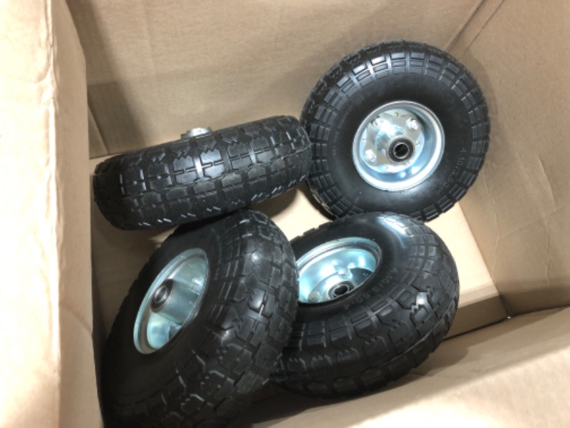 Photo 2 of 10" Flat Free Tires Solid Rubber Tyre Wheels?4.10/3.50-4 Air Less Tires Wheels with 5/8" Center Bearings?for Hand Truck/Trolley/Garden Utility Wagon Cart/Lawn Mower/Wheelbarrow/Generator?4 Pack, Black 12.4 Pounds Black