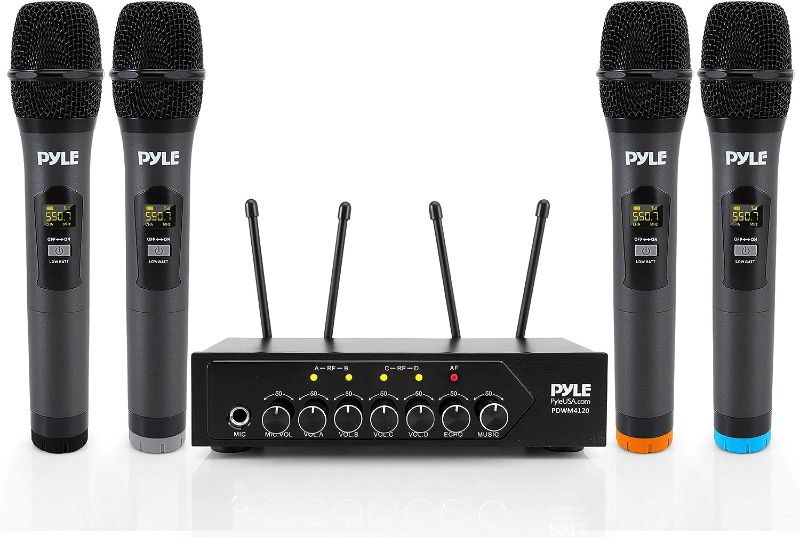 Photo 1 of  Pyle Portable UHF Wireless Microphone System - Battery Operated Four Bluetooth Cordless Microphone Set with 50 Channels Selectable Frequency, Receiver Base, AUX, PA Karaoke DJ Party - Pyle PDWM4120 