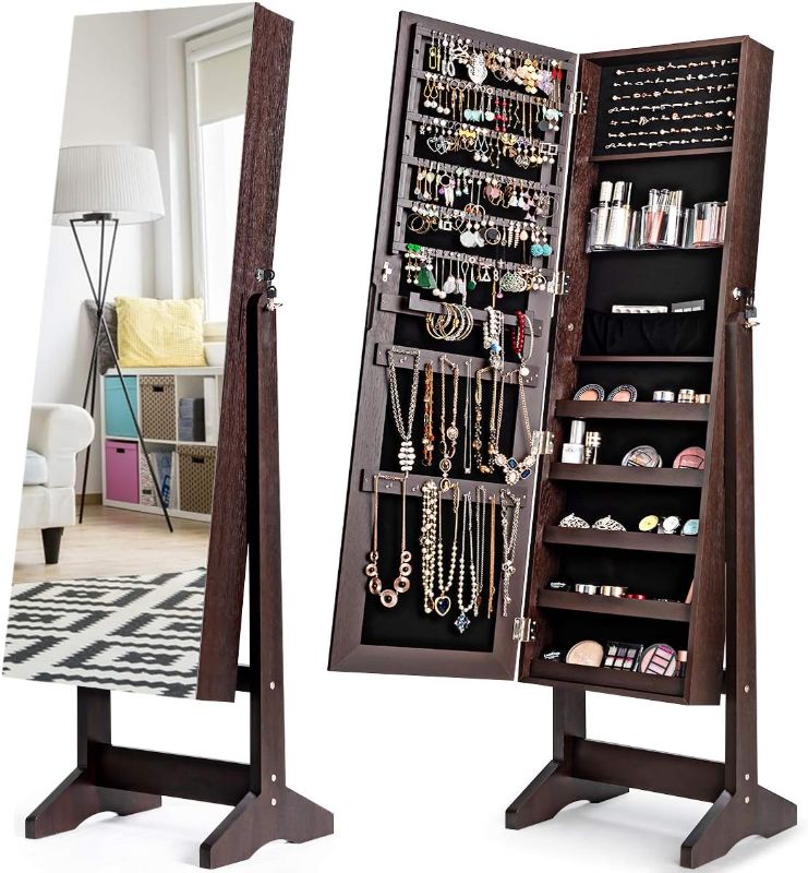 Photo 1 of  Jewelry Armoire Cabinet with 47.2'' Full Length Mirror, Standing Lockable Wooden Jewelry Organizer Storage Box with Large Capacity, 4 Angles Adjustable (Brown)
