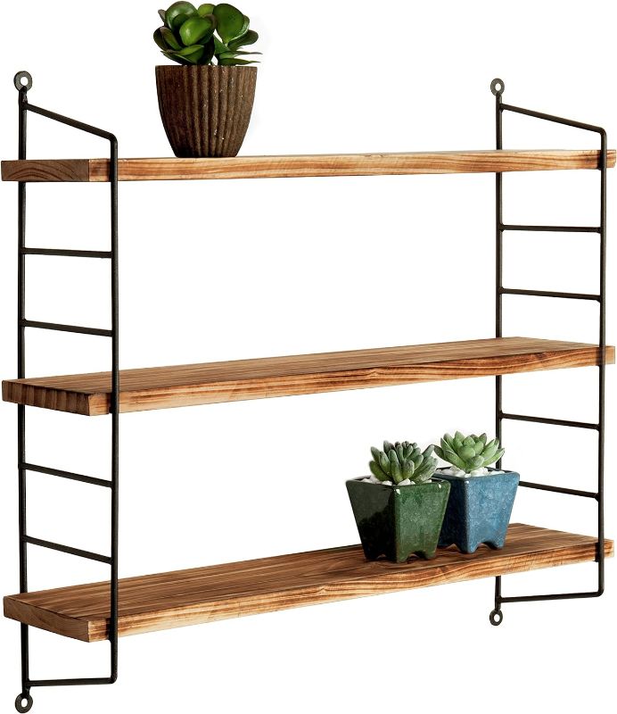 Photo 1 of  MyGift 23-Inch Modern Floating Shelves Industrial Metal and Rustic Burnt Brown Wood Adjustable Wall Mounted 3-Tier Display Shelf Unit Rack 