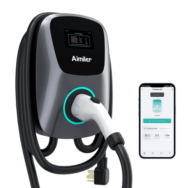 Photo 1 of  AIMILER EV Charger Level 2,48A 240V 11.5KW Smart Electric Vehicle with NEMA 14-50P,25ft-Cable ETL UL Listed Indoor/Outdoor Car Charging Station App,Wi-Fi &Bluetooth Enabled EVSE,Black &Grey(EC001A) 