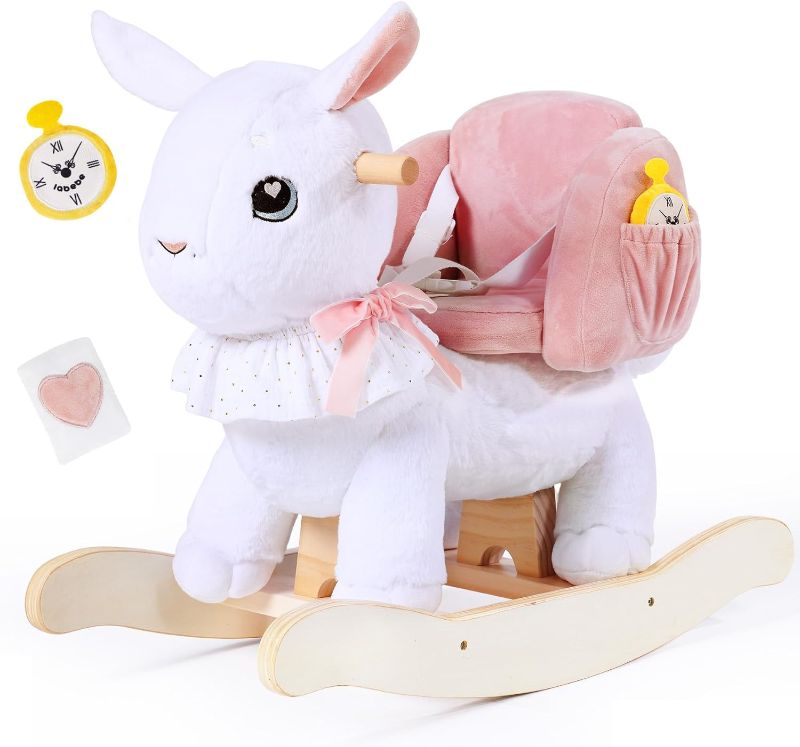 Photo 1 of  labebe Kids Rocking Horse for 1 Year Old and Up, White Rabbit Rocking Horse for Toddler 1-3 Age Girl, Plush Rocking Bunny with Seatbelt for 6 Months Babies, Children Ride-on Toy Wooden Animal Rocker 