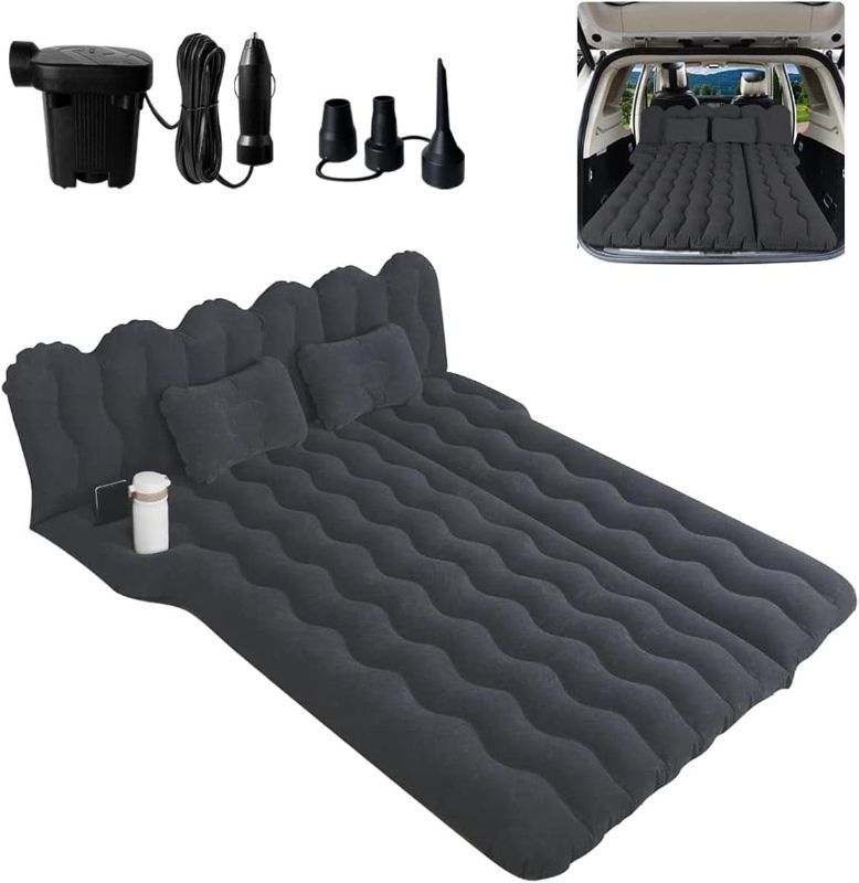 Photo 1 of Canodoky Inflatable Car Mattress Bottle and Phone Holder Thickened Flocking & PVC Surface Car Bed with Electric Air Pump for SUV Camping Road Trip (Black)
