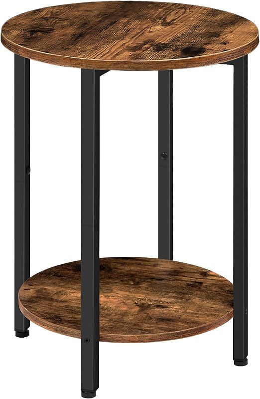 Photo 1 of  HOOBRO Round Side Table, Sofa Couch Table with Storage Shelf, 2-Tier Industrial End Table, Stable Metal Frame, Wooden Look Accent Table for Small Spaces, Living Room, Bedroom, Rustic Brown BF58BZ01G1 