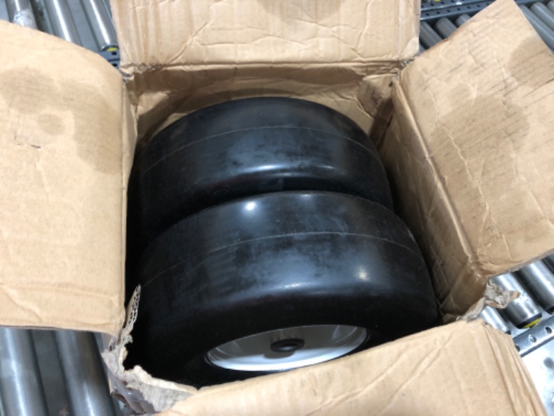 Photo 2 of 2 PCS Upgrade 13x5.00-6" Flat Free Lawn Mower Smooth Tire, Commercial Grade Lawn and Garden Mower Turf Replacement Solid Tire and Wheel with Steel Rim, 3/4" Grease Bushing and 3.25"-5.9" Centered Hub