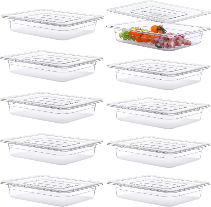 Photo 1 of 10 Pcs Plastic Food Pans with Lid 1/2 Size Stackable Clear Pan with Capacity Indicator Food Storage Containers Restaurant Supplies Hotel Pans for Beans Corns Fruits Vegetables, 2.6'' Deep, 1 Gallon 