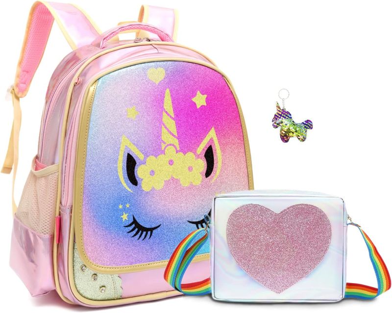 Photo 1 of 
Mloovnemo Girls Elementary Primary School Bag Unicorn Backpack Diamond Glitter Princess School Backpack Large Capacity (Large, Rose Unicorn with sequins.