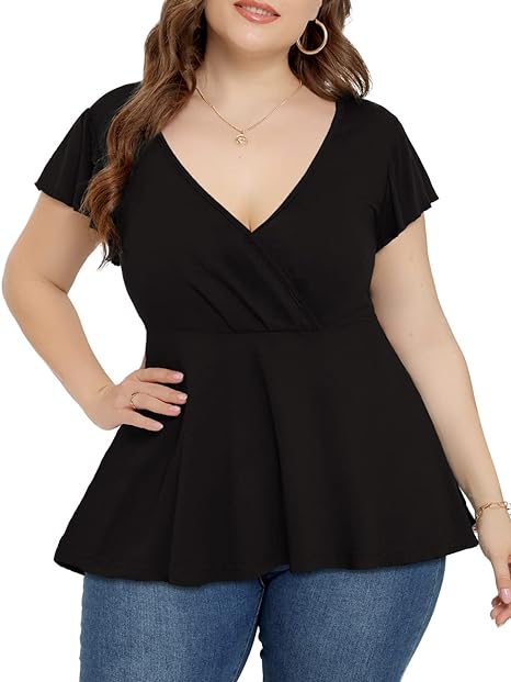 Photo 1 of 4XLAgmibrelr Women's Plus Size Flutter Sleeve Tops Deep V Neck Sexy Wrap Shirt Swing Flowy Blouse