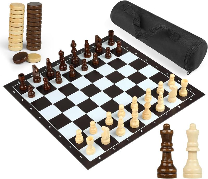 Photo 1 of 
Magnetic Travel Chess Sets and Checkers for Adults and Kids, 13 Inch Roll-up Folding Chess Board - Wooden Chess Game and Checkers Set, 2 Extra Queen
