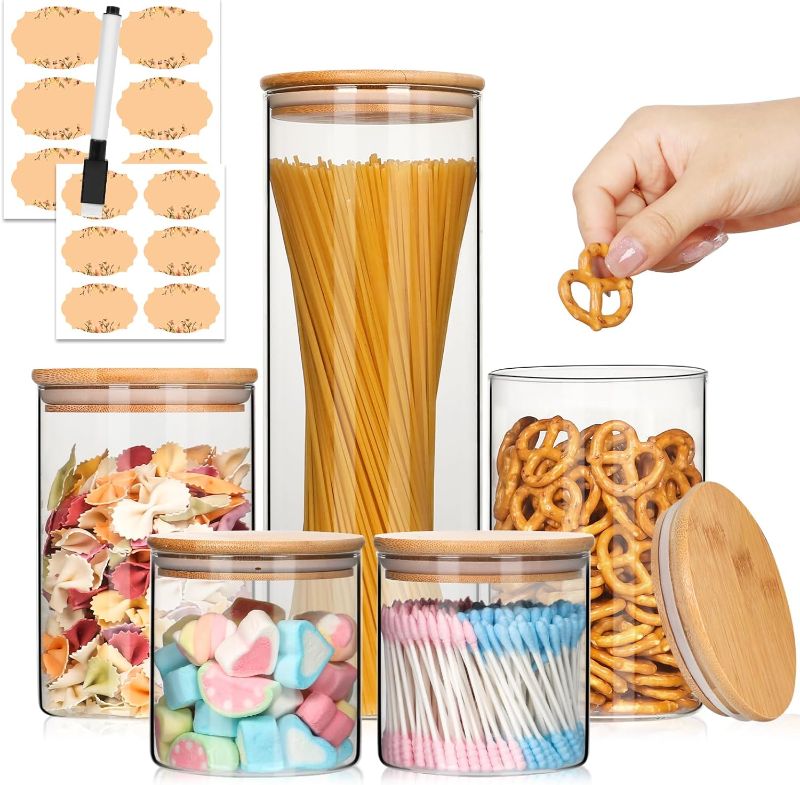 Photo 1 of 
AuroTrends Glass Jars with Bamboo Lids 5Pack, Glass Food Storage Containers with Lids for Kitchen Storage- Stackable Kitchen Canisters with Stickers 