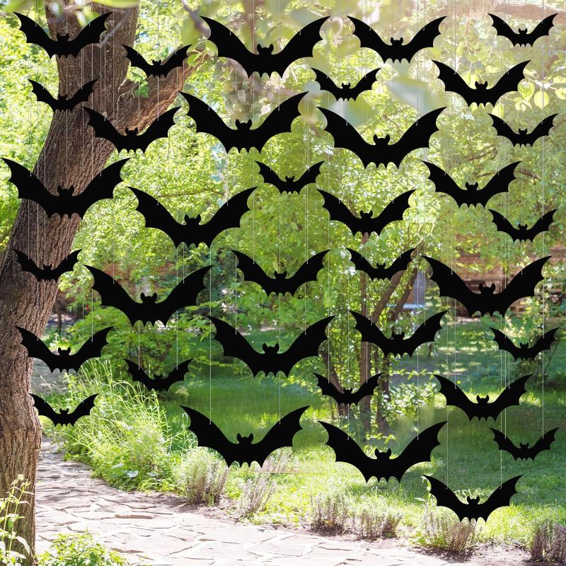 Photo 1 of 
Jenaai 100 Pcs Halloween Hanging Bats Decorations Halloween Bat Decor with Hanging Rope Halloween Black Plastic Bats for Outdoor Garden Yard Halloween Decor