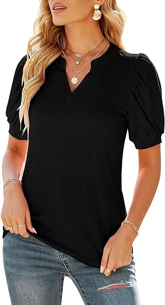 Photo 1 of 2XL Kaupun Womens Henley V Neck T-Shirts Puff Short Sleeve Tops Casual Tunic Basic Blouse