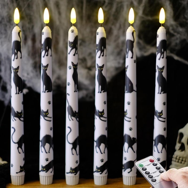 Photo 1 of 
NONNO & ZGF Halloween 6 Pack Flameless White Candles, Black Cat Patterns Real Wax 11'' LED Battery Operated Candle with Remote and Timer Function