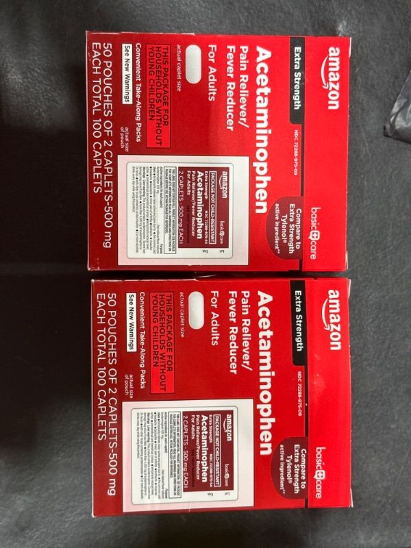 Photo 2 of Amazon Basic Care Extra Strength Acetaminophen Caplets 500 mg, Pain Reliever and Fever Reducer, 50 Pouches of 2 Caplets Each, Total 100 2 Count (Pack of 50) Extra Strength 2 PACKS EXP.12/2024