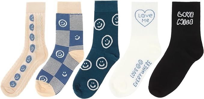 Photo 1 of AMYETAILEEN Smile Crew Women 5pairs Socks - Checkered Happy Neutral Girls Fun Warm Cozy cotton Casual Fuzzy Canvas
