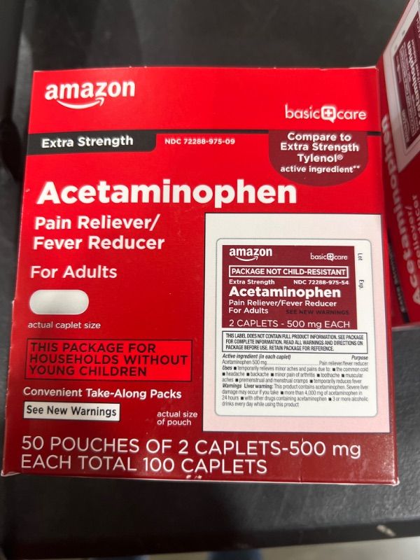 Photo 2 of Amazon Basic Care Extra Strength Acetaminophen Caplets 500 mg, Pain Reliever and Fever Reducer, 50 Pouches of 2 Caplets Each, Total 100 2 Count (Pack of 50) Extra Strength EXP 12/24