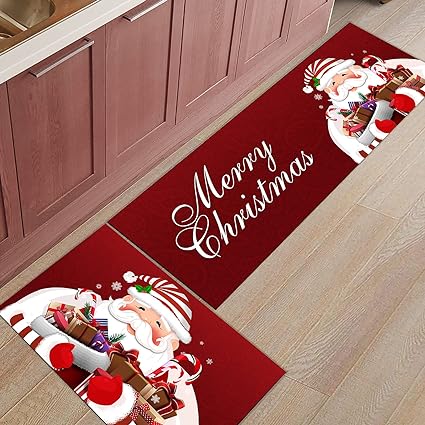 Photo 1 of 2 Piece Santa Claus Kitchen Rug Set Merry Christmas Indoor Floor Mats for Winter, Xmas Door Mat Runner Rug Carpet Mat for Kitchen Home Decor (15.7" x 23.6"+15.7" x 47.2") - Santa Claus Hold Gifts
