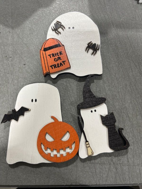 Photo 1 of 3 Pieces Halloween Tiered Tray Decor, Happy Halloween Ghost Cat Pumpkin Bat Spider Witch Trick or Treat Wood Sign, Rustic Farmhouse Tray Sets for Kitchen Home Table Mini Decor Holiday Party Supplies
