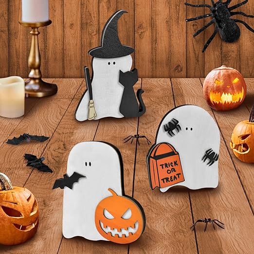 Photo 1 of 3 Pieces Halloween Tiered Tray Decor, Happy Halloween Ghost Cat Pumpkin Bat Spider Witch Trick or Treat Wood Sign, Rustic Farmhouse Tray Sets for Kitchen Home Table Mini Decor Holiday Party Supplies
