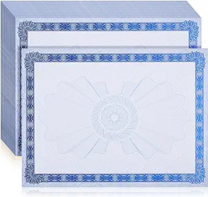 Photo 1 of Seajan 200pcs Thick Blank Certificate Paper Heavyweight Foil Metallic Border Award Paper 8.5x11" 65lb Cover Printable Blank Parchment Pattern Certificate for Diploma Participation Awards (Blue) 