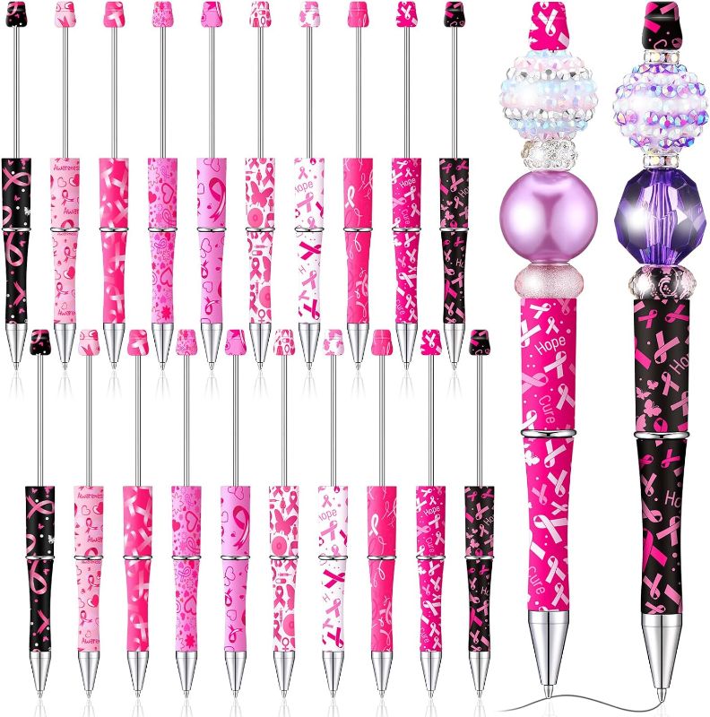 Photo 1 of Chuangdi Breast Cancer Awareness Pink Ribbon Beadable Pens Plastic Bead Pen Ballpoint Pen Black Ink Ballpoint Pens Crafting Pen for Women Gift Kids DIY Student(50 Pcs)