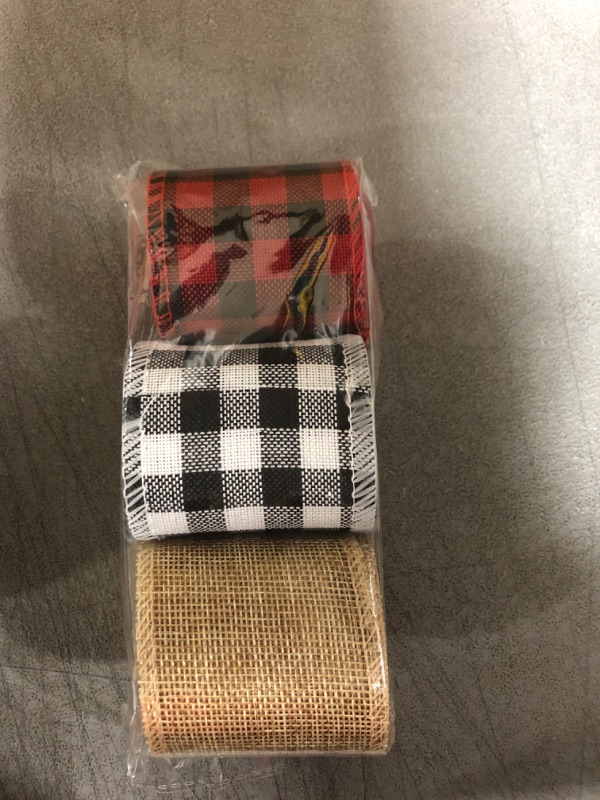 Photo 1 of 3 Rolls 6.5 Yards Wired Ribbons, Plaid Ribbon Burlap Fabric Craft Ribbon Buffalo Plaid Ribbon Roll, Natural Fabric Ribbon for DIY Wrapping, Christmas Decorations(4 cm)