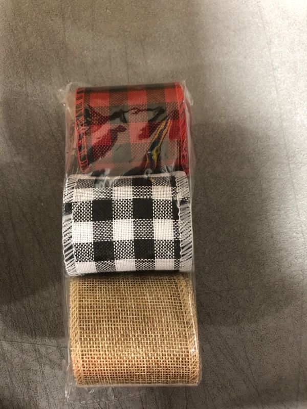 Photo 1 of 3 Rolls 6.5 Yards Wired Ribbons, Plaid Ribbon Burlap Fabric Craft Ribbon Buffalo Plaid Ribbon Roll, Natural Fabric Ribbon for DIY Wrapping, Christmas Decorations(6 cm)
