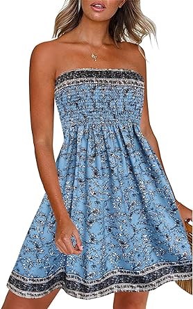 Photo 1 of (XL) CHICGAL Summer Dresses for Women Beach Cover Ups Strapless Boho Floral Print Sundress