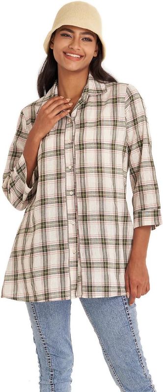 Photo 1 of (1X) DIKALADY Plaid Shirts for Women 3/4 Sleeve Blouses & Button-Down Shirts Rayon Women Striped Checkered Tunic Blouse