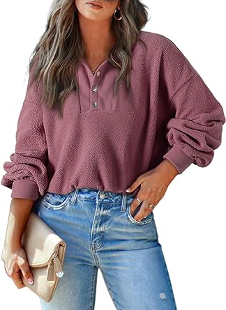 Photo 1 of AlvaQ Women's 2023 Winter Button Henley Neck Fuzzy Polar Fleece Sweatshirt Casual Trendy Pullover Warm Cropped Tops