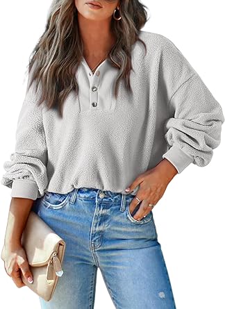 Photo 1 of (XL) AlvaQ Women's 2023 Winter Button Henley Neck Fuzzy Polar Fleece Sweatshirt Casual Trendy Pullover Warm Cropped Tops