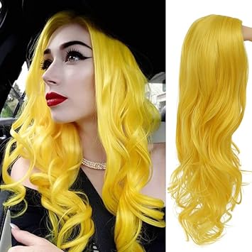 Photo 1 of Baruisi Long Curly Wavy Yellow Wigs for Women Side Part Natural Looking Cosplay Synthetic Fiber Wig Heat Resistant Replacement Wig