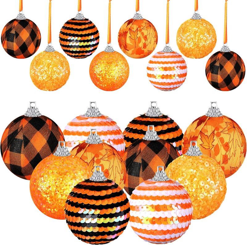 Photo 1 of 12 Pcs Thanksgiving Ball Ornaments Fall Halloween Decorations for Home Fall Tree Ornaments Thanksgiving Hanging Decorations Maple Leaf Tree Decorations for Thanksgiving Autumn Decor