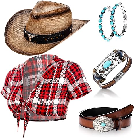 Photo 1 of **ACTUAL ITEM NOT IDENTICAL TO STOCK PHOTO** (SMALL) Hicarer 5 Pcs Cowgirl Costume Women Roleplay Set T Shirt Cowboy Hat Buckle Belt Pendant Earrings for Halloween