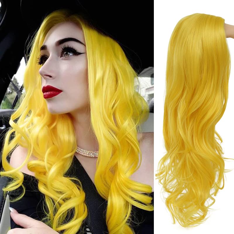 Photo 1 of Baruisi Long Curly Wavy Yellow Wigs for Women Side Part Natural Looking Cosplay Synthetic Fiber Wig Heat Resistant Replacement Wig