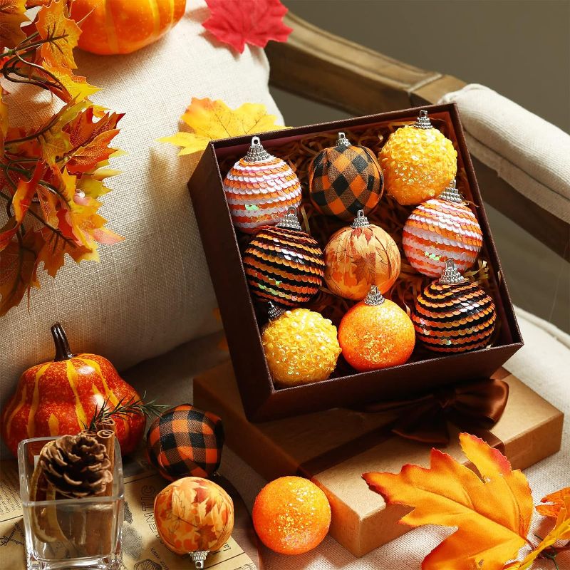 Photo 1 of 12 Pcs Thanksgiving Ball Ornaments Fall Halloween Decorations for Home Fall Tree Ornaments Thanksgiving Hanging Decorations Maple Leaf Tree Decorations for Thanksgiving Autumn Decor