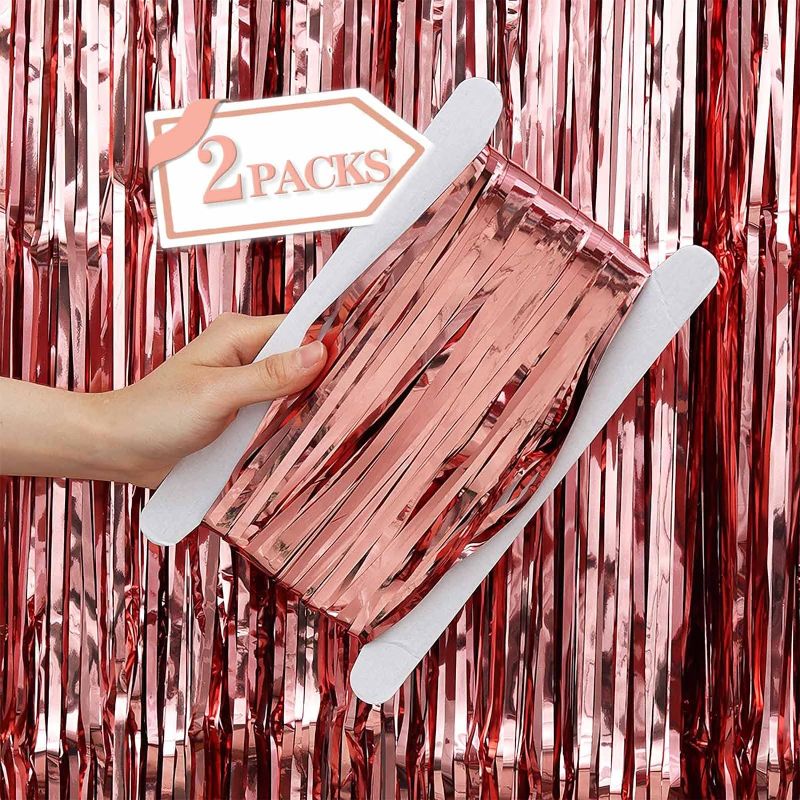 Photo 1 of 2 Pcs Rose Gold Metallic Tinsel Foil Fringe Curtains Backdrop, 3.28 ft x 6.56 ft Streamers for Birthday Wedding Engagement Bachelorette Party Photo Booth Bridal Shower Baby Shower Decorations Supplies 