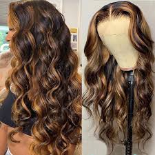 Photo 1 of 1B/30 Curly Highlight Wig Human Hair Loose Wave 20" Long Brazilian Virgin Hair Black Balayage Honey Blonde4x4 Lace Closure Wig Pre Plucked 150% Density Highlight Lace Front Wigs for Women