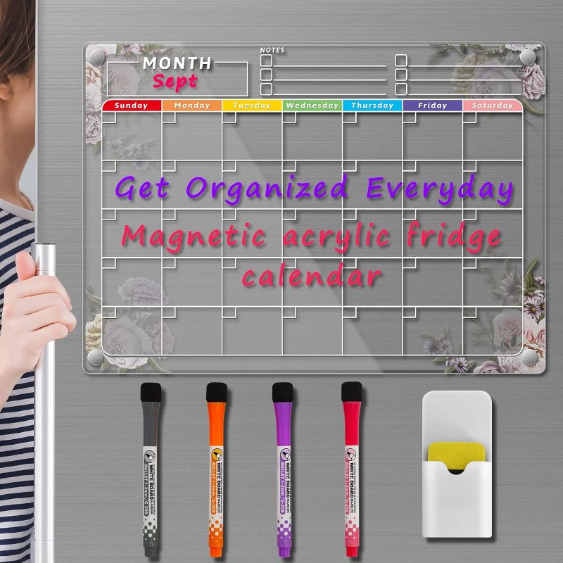 Photo 1 of Magnetic Calendar for Fridge 17"x12" – SORFHOUR Fridge Magnetic Dry Erase Calendar Board, Acrylic Clear Calendar for Refrigerator, Reusable Planning Board Includes Markers Eraser and Holder Gifts 