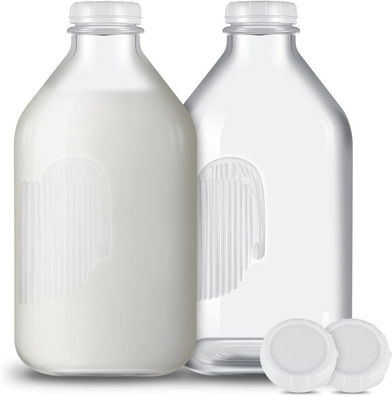 Photo 1 of 2 Pack 62 oz Glass Milk Bottle with 6 Airtight Lids Reusable Drinking Jug for Milk, Water, Honey, Juices Refrigerator Container 