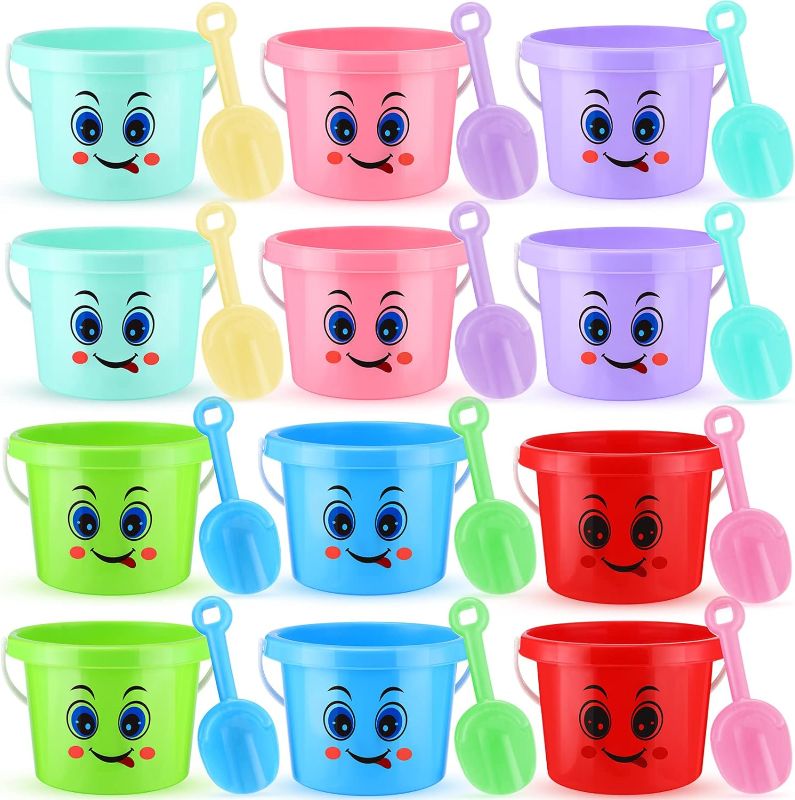 Photo 1 of 24 Pcs Sand Buckets and Sand Shovels Set for Kids Toddlers Include 12 Strong Beach Pails Building Castle Beach Sandbox Bulk Plastic Buckets 12 Beach Shovels for Party (Classic Style, 5.5 x 7.5 Inch) 