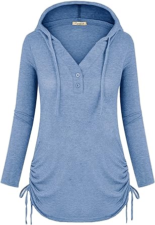 Photo 1 of Cyanstyle Womens Long Sleeve Henley V-Neck Button Sweatshirt Tunic Hoodies Casual Pullover with Drawstring Medium