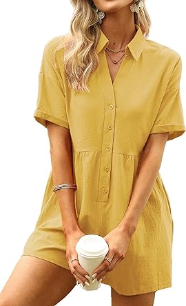 Photo 1 of DEEP SELF Summer Brunch Outfits Sets Casual Button Down Playsuits for Women Short Sleeve V-neck Rompers with Pockets Yellow Medium