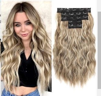 Photo 1 of 17 Clips in Hair Extensions, HOOJIH 5PCS Blonde Curly Clip in Hair Extensions Invisible Lace Weft Synthetic Natural Hair Extensions - 20 Inch Honey Blonde with bleach Blonde Highlights