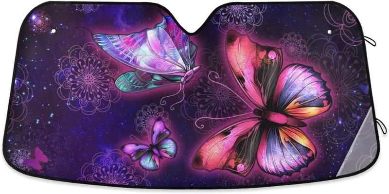 Photo 1 of Boccsty Purple Galaxy Butterfly Windshield Sun Shade for Car Truck SUV Car Window Shades Car Sun Shade Car Accessories Auto Car Sun Visor for Men Woman Baby M 