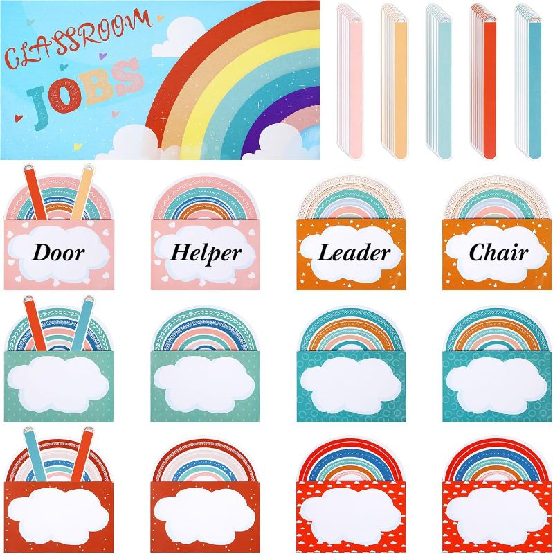 Photo 1 of Ctosree 161 Pcs Classroom Jobs Chart Classroom Jobs Bulletin Board Set Classroom Student Class Jobs Chalkboard Decor with Name Tags Class Jobs Pocket Chart Chalkboard Decor for Classroom (Rainbow)