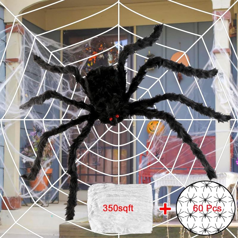 Photo 1 of 4 Packs Halloween Spider Decorations Set - 330sqft Stretchy Spider Silk + 11.8 Ft Round Spider Web + 35.5" Giant Spider + 60 Small Spiders for Halloween Party Decor Indoor & Outdoor