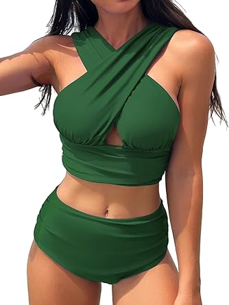 Photo 1 of BIKINX Sexy Swimsuit Women Criss Cross Ruched Bathing Suit High Waisted Bikini Sets Tummy Control XLarge