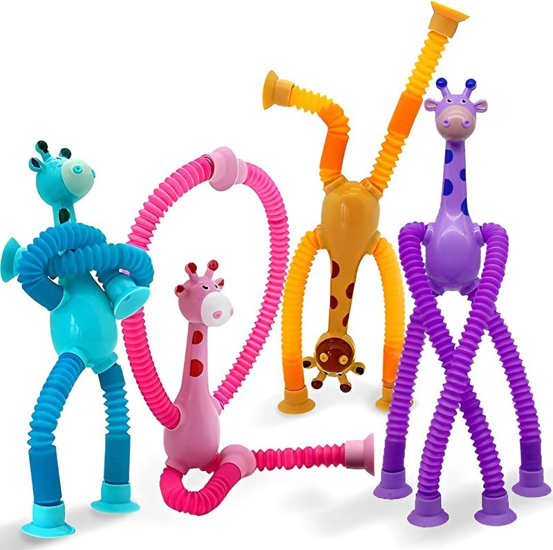 Photo 1 of 4 Pcs LED Telescopic Suction Cup Giraffe Toy, Giraffe Telescopic Tube, Unique Cute Animal Design Stretchy Suction Cup Toy, Decompress Educational Sensory Toys (Multicolour)
