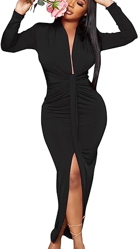 Photo 1 of CutieLove Women's Sexy Deep V Neck Dress Long Sleeve Ruched Dresses MED